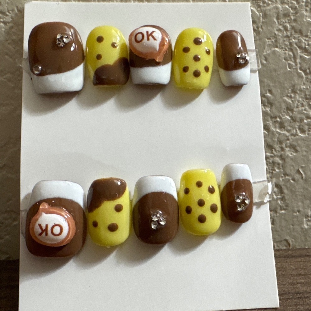Brown Yellow White Press On Nails with Polka Dots 3D OK Speech Bubble Rhinestone